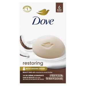 Dove Beauty Bar Soap Restoring Coconut & Cocoa Butter 6 Count for Restored Skin, Nourishes Skin 3.75 oz(Coconut & Cocoa Butter)