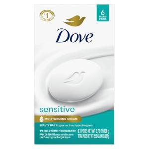 Dove Beauty Bar Soap Sensitive, 6 Bars for Sensitive Skin, Fragrance Free and Hypoallergenic 3.75 oz(3.75 Ounce (Pack of 6))