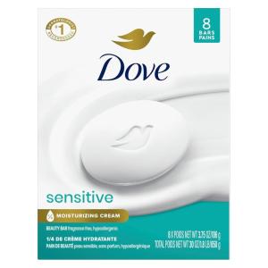 Dove Beauty Bar Soap Sensitive, 6 Bars for Sensitive Skin, Fragrance Free and Hypoallergenic 3.75 oz(3.75 Ounce (Pack of 8))