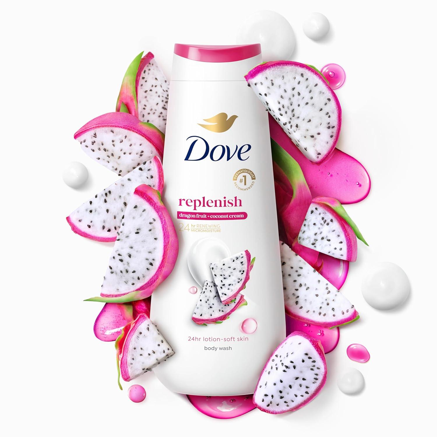 imageDove Body Wash 4 Count for 24hr LotionSoft Skin Replenish Dragon Fruit and Coconut Cream Moisturizing Skin Cleanser with No Sulfates No Parabens
