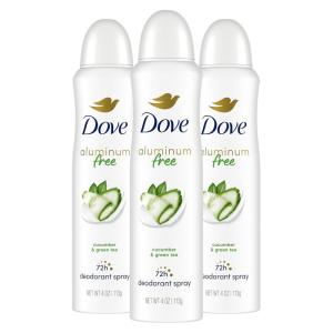 Dove Aluminum Free Deodorant Spray for Women 3 Count Coconut & Pink Jasmine 72 hour odor protection 4oz(Cucumber and Green Tea)